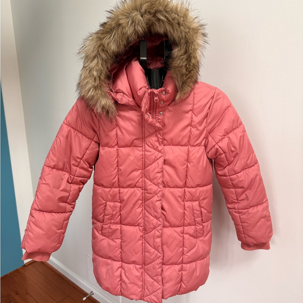 GAP Pink Quilted Puffer Coat with Faux Fur Hood
